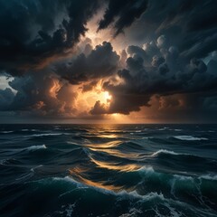 Obraz premium A dramatic, cinematic view of the Bermuda Triangle from above, with stormy clouds, turbulent waves, and an ominous glow emanating from the center, creating a sense of mystery and intrigue. 