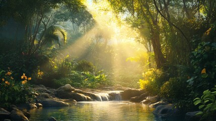 Sunlit jungle stream surrounded by dense foliage