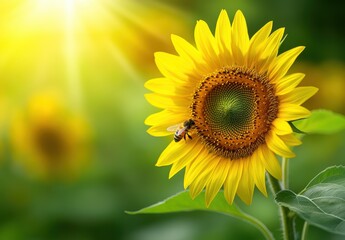 Fototapeta premium sunflower with a bee on the petal, blurred background, macro photography, summer landscape