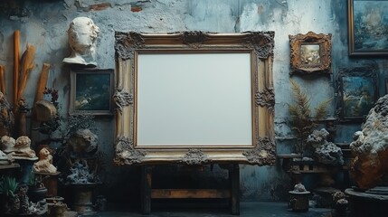 Large ornate empty frame in an antique art studio, surrounded by sculptures and vintage paintings.