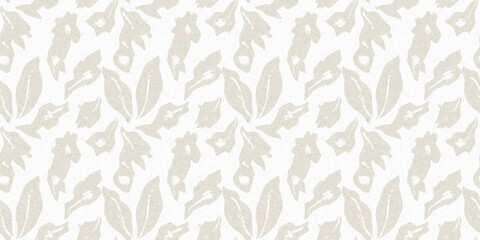 Seamless french gender neutral floral linen printed fabric border background. Light mottled white on grey cottage core block print pattern. Shabby chic woven duotone cloth effect. 