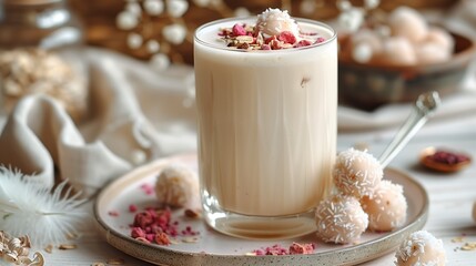 Delicious Creamy Beverage With Toppings Served in Elegant Setting With Soft Textiles