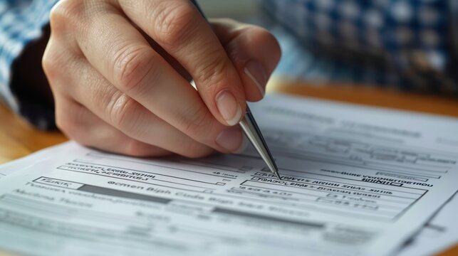 Close-up shot of a person's hand filling out a social security benefits form for disability or retirement.