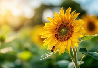 Naklejka premium sunflower with a bee on the petal, blurred background, macro photography, summer landscape