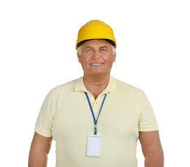 Engineer in hard hat on white background