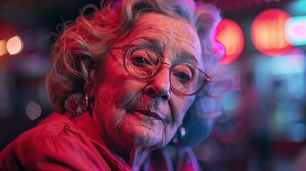 Fototapeta premium Cool grandma face portrait in nightclub