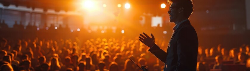 Silhouette of a speaker addressing a large audience.