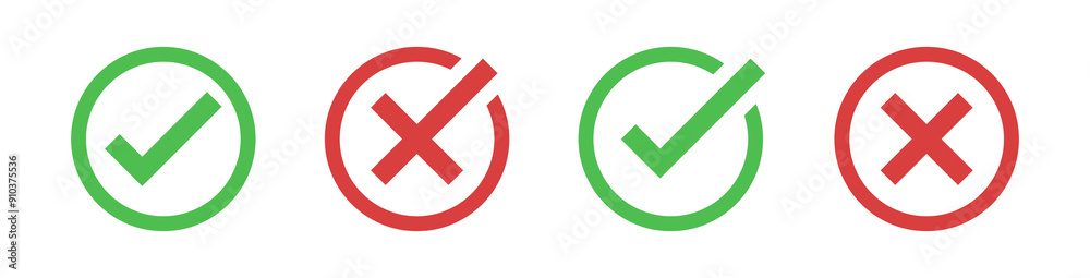Aufkleber check mark icon button set. check box icon with right and wrong buttons and yes or no checkmark icons in green tick box and red cross. vector illustration