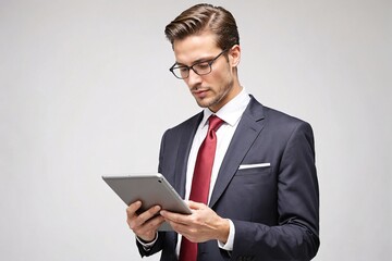 A business executive in formal attire working on a tablet on a white background