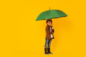 Little boy with green umbrella on orange background