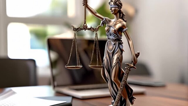 Professional Photo of Lady Justice Statue Holding Scales in a Modern Office Environment