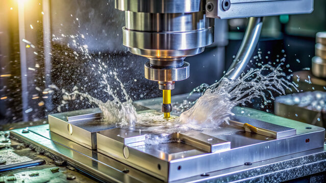 The CNC milling machine rough cutting the mold parts with liquid coolant method.