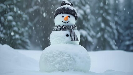 A delightful snowman stands proudly amidst falling snowflakes, surrounded by tall evergreen trees in a serene winter landscape. - Powered by Adobe