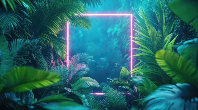 A neon sign or frame standing out in the midst of a lush jungle, potentially drawing attention to an event or attracting visitors
