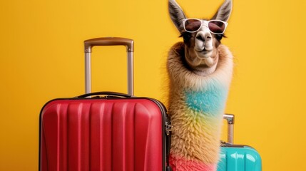 Fashion llama with sunglasses traveling with colorful suitcase. Yellow background. Holyday travel theme