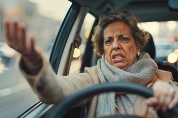 Senior Woman Expressing Frustration While Driving in Traffic