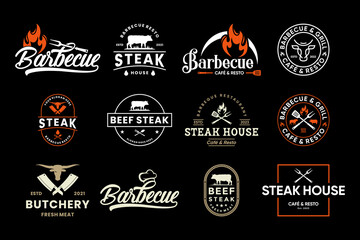 Set of barbecue emblem logo design with vintage style