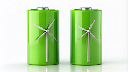 Two green batteries with wind turbine symbols displayed side by side on a white background, representing eco-friendly renewable energy storage solutions.