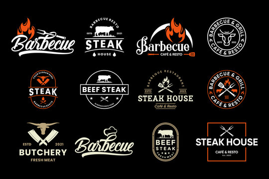Set of barbecue emblem logo design with vintage style