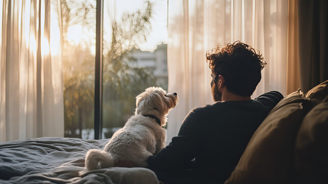 hombre sentado junto con su amigo el perro disfrutando de un hermoso dia viendo el paisaje por un ventanal disfrutando de su amistad y de un dia relajado y feliz tranquilidad juntos