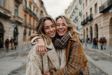 Smiling Women Hugging in Stylish Winter Coats on City Street