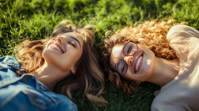 dos amigas felices disfrutando de un hermoso dia relajadas al aire libre disfrutando de su amistad y juventud