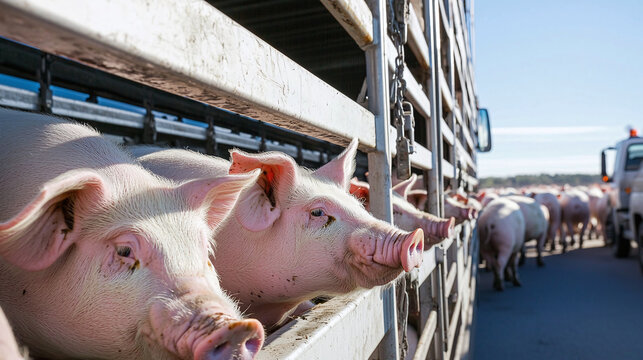 a truck transporting healthy pigs, depicted from a side angle as the animals are being loaded