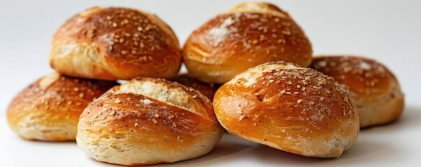 Freshly baked bread rolls, white background, homemade bread