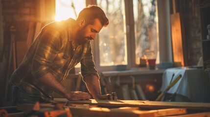 Happy carpentry man works home renovation woodwork with a handmade in-the-house DIY