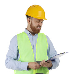 Fototapeta premium Engineer in hard hat with clipboard on white background