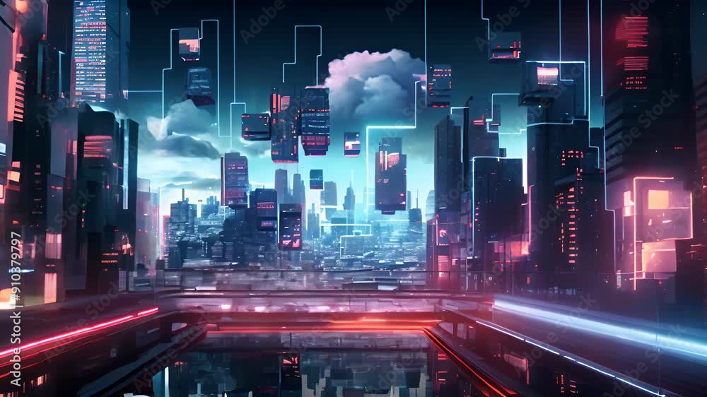 Poster neon technology city business concept with skyscraper buildings and virtual network connection