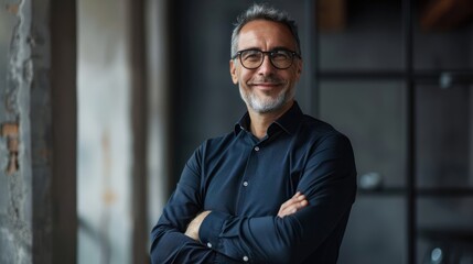 Happy male executive company owner corporate manager leader in office, confident smiling business man professional coach wear glasses stand arms crossed staring at camera.