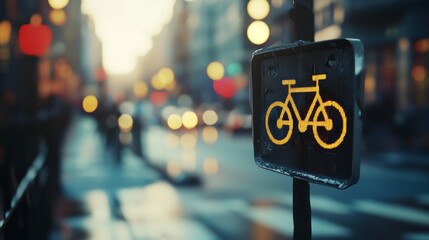 Bike Lane Sign In City Street With Blurred Background - A yellow bicycle symbol on a black sign, standing on a city street with blurred background lights. The sign signifies a bike lane. The blurry ci