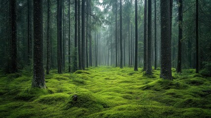 enchanting scandinavian forest scene with towering evergreens and lush green moss carpeting the forest floor soft diffused light creates a mystical atmosphere