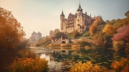 Obraz premium a fairy tale castle perched on a hill, surrounded by pastel-colored gardens and a shimmering lake