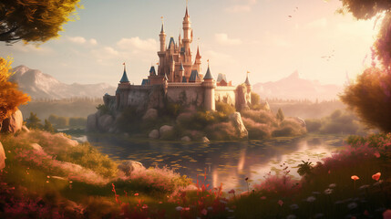 Naklejka premium a fairy tale castle perched on a hill, surrounded by pastel-colored gardens and a shimmering lake