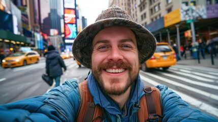 Happy tourist caucasian man having fun taking a selfie at New York city : Generative AI