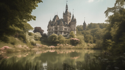 Obraz premium a fairy tale castle perched on a hill, surrounded by pastel-colored gardens and a shimmering lake