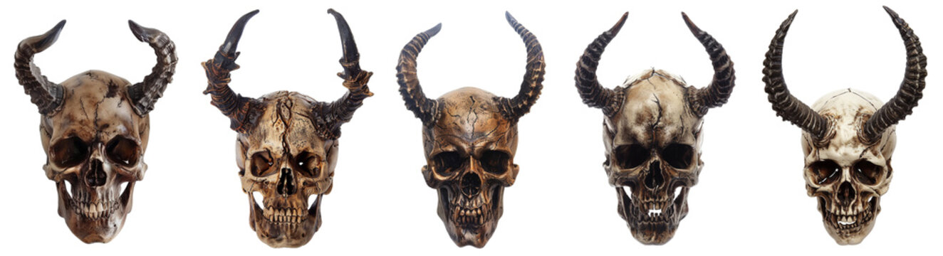 Pack of Scary demon skull with horns set isolated on transparent