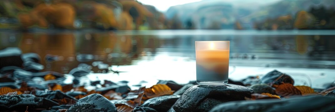A candle in a matte white glass set in Lake District scenery in the winter,