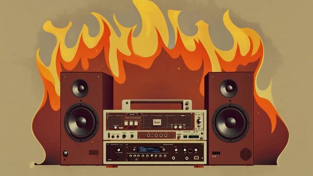 A retro stereo system with speakers is surrounded by vibrant flames, showcasing a dynamic blend of classic technology and energetic design.