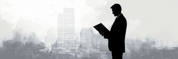 Businessman Reading Documents in Front of City Skyline - A silhouette of a businessman reading documents in front of a city skyline, symbolizing success, ambition, planning, growth, and opportunity.