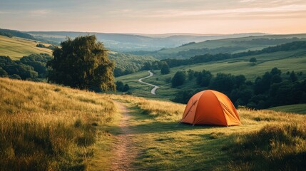 Camping Tent in a Tranquil Valley at Sunset - A lone orange tent sits on a grassy hill, overlooking a scenic valley with a winding road. The sun sets casting a warm glow on the landscape. It symbolize