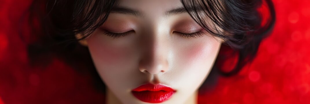 Close-up Portrait of Woman with Red Lips and Eyes Closed - A close-up portrait of a woman with her eyes closed, showcasing her red lips and subtle blush.  The image conveys a sense of tranquility, bea