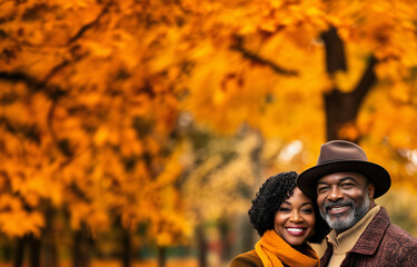 portrait of middle age african american couple standing outside; autumn/fall forest as a background; black husband & wife standing outside and hugging; copy space