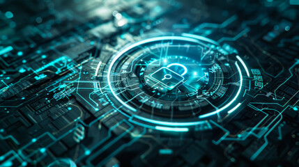 Close-up of a technology chip with a picture of a lock on it in light blue light. Concept of technology, protection.