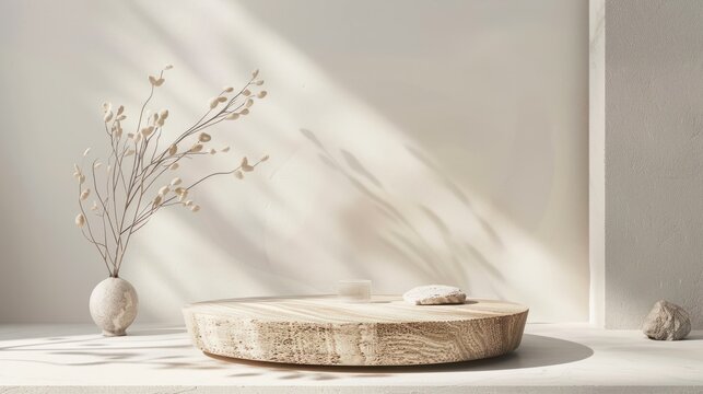 Minimal podium for cosmetic product presentation made of stone and wood. Natural product present placement display, beauty product promotion mockup. Trendy minimalist natural background