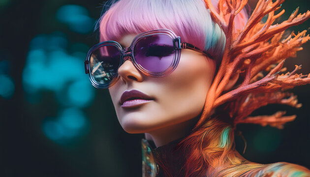 frau, model, indie, y2k, style, herbst, neu, close up, gesicht, wald, fee, &auml;ste, zweige, sch&ouml;nheit, mit, hippie, aesthetic, kawaii, e-girl, cyber, word, futuristisch, make-up, werbung, ad, copy space,