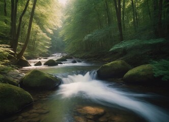 Obraz premium A tranquil stream gently flowing through a lush green forest, creating a peaceful atmosphere