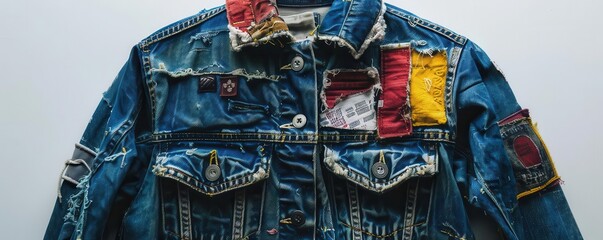 Stylish denim jacket with patches, white background, fashion statement